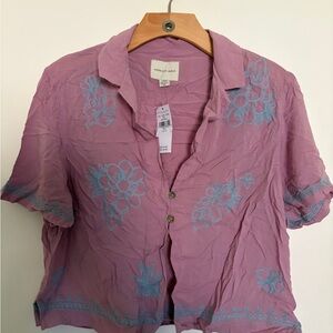 American Eagle Outfitters Lavender Blouse with Teal Embroidery